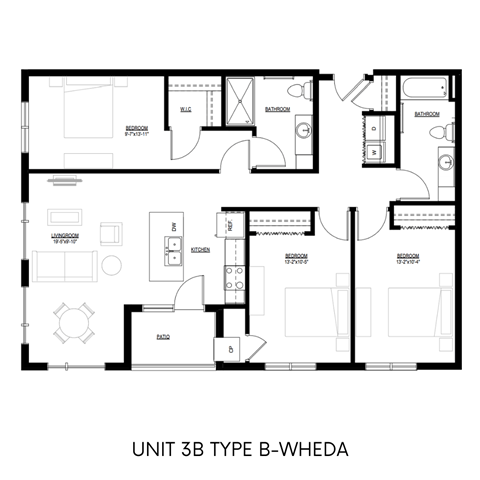 Floor plan for 3 beds, 2 baths, 1301 sqft